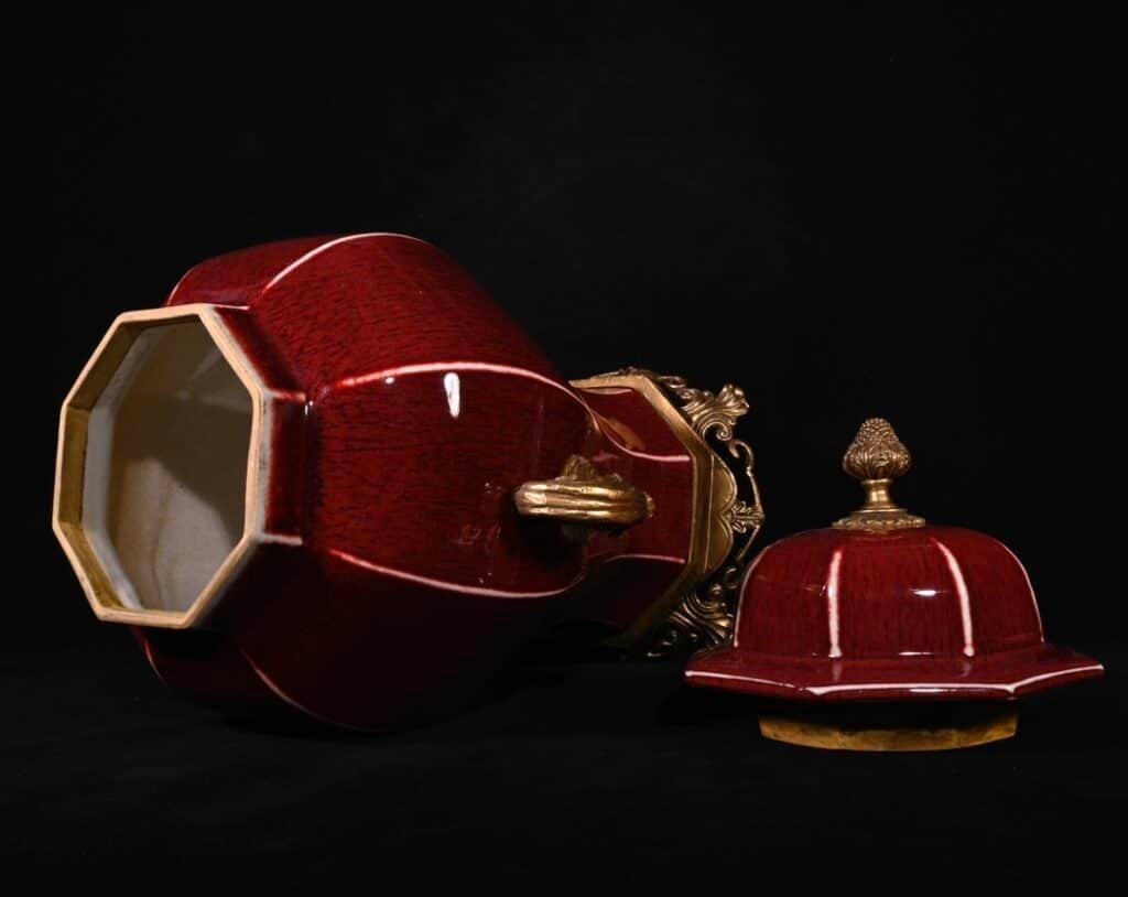 Chinese red glaze and gilt bronze porcelain vase