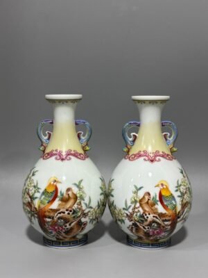 Qing Dynasty Qianlong enamel flower and bird amphorae