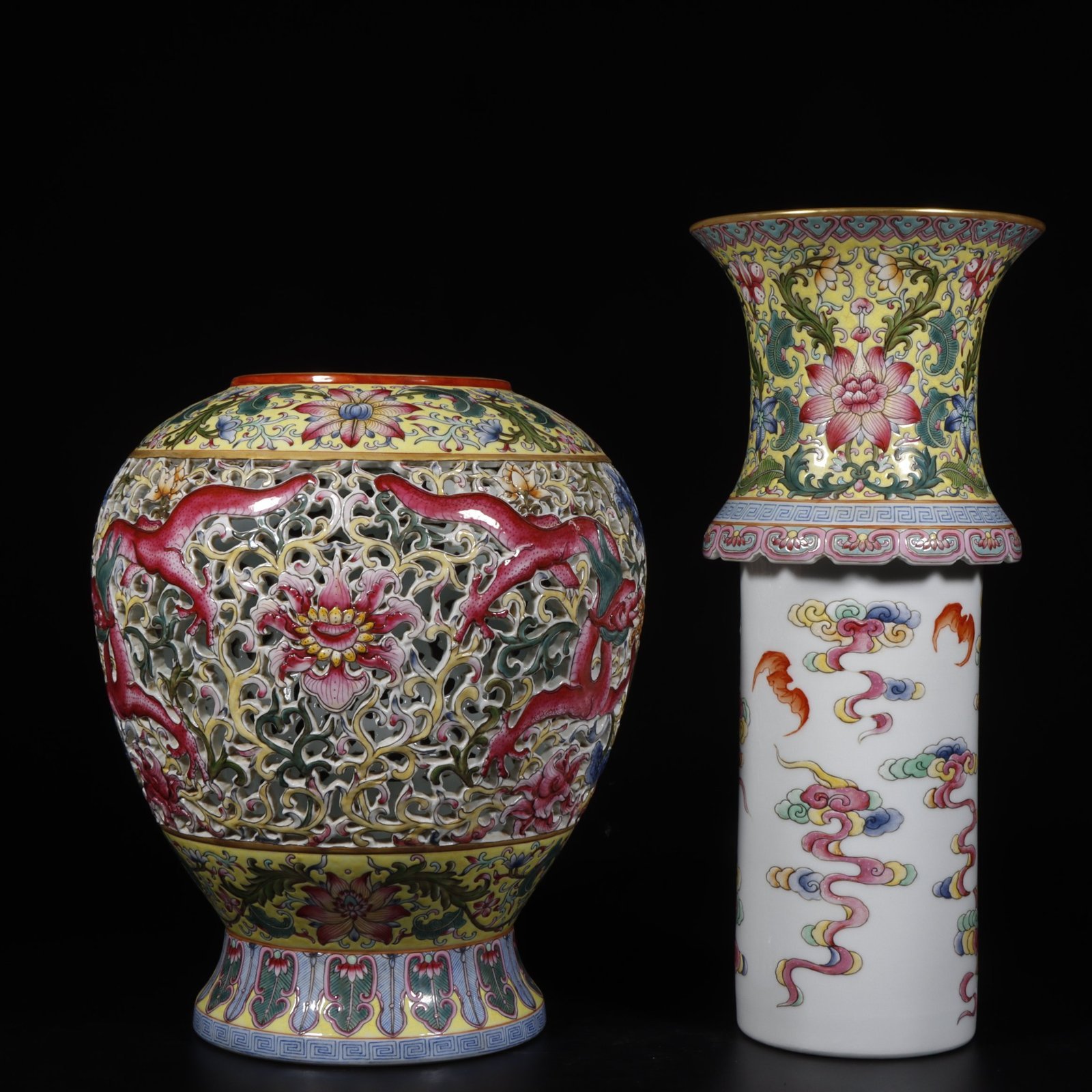 Qing Dynasty Qianlong yellow ground pastel painted gold-wrapped lotus flower hollow chilong revolving vase