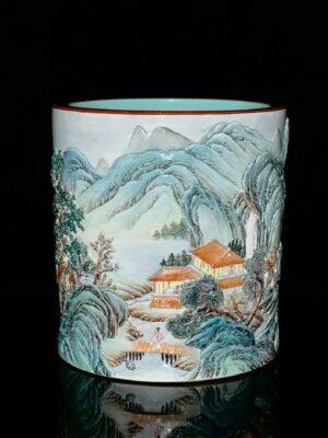 Qing Dynasty Qianlong alum red with gold border landscape pavilion and figure carving pen holder