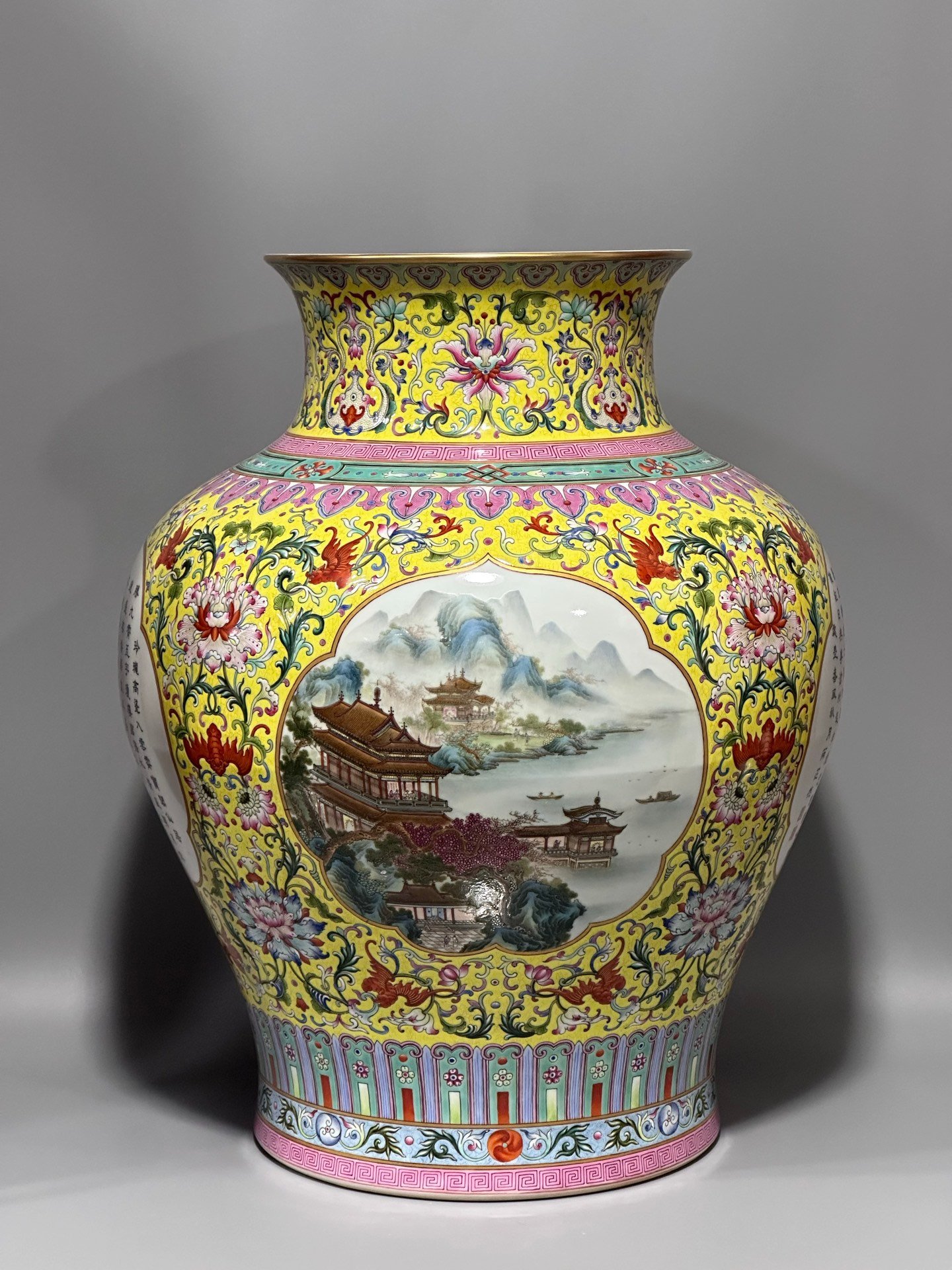Qing Dynasty Qianlong an enamel vase with yellow ground window