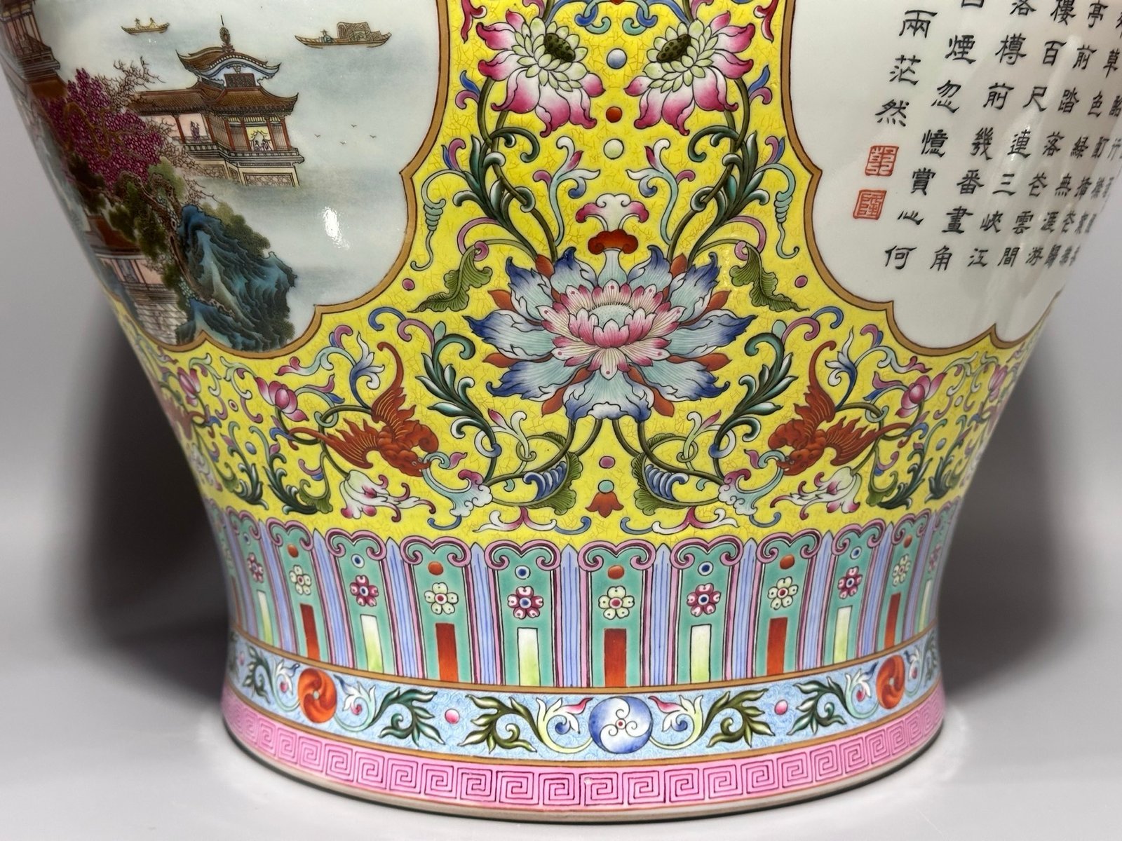 Qing Dynasty Qianlong an enamel vase with yellow ground window