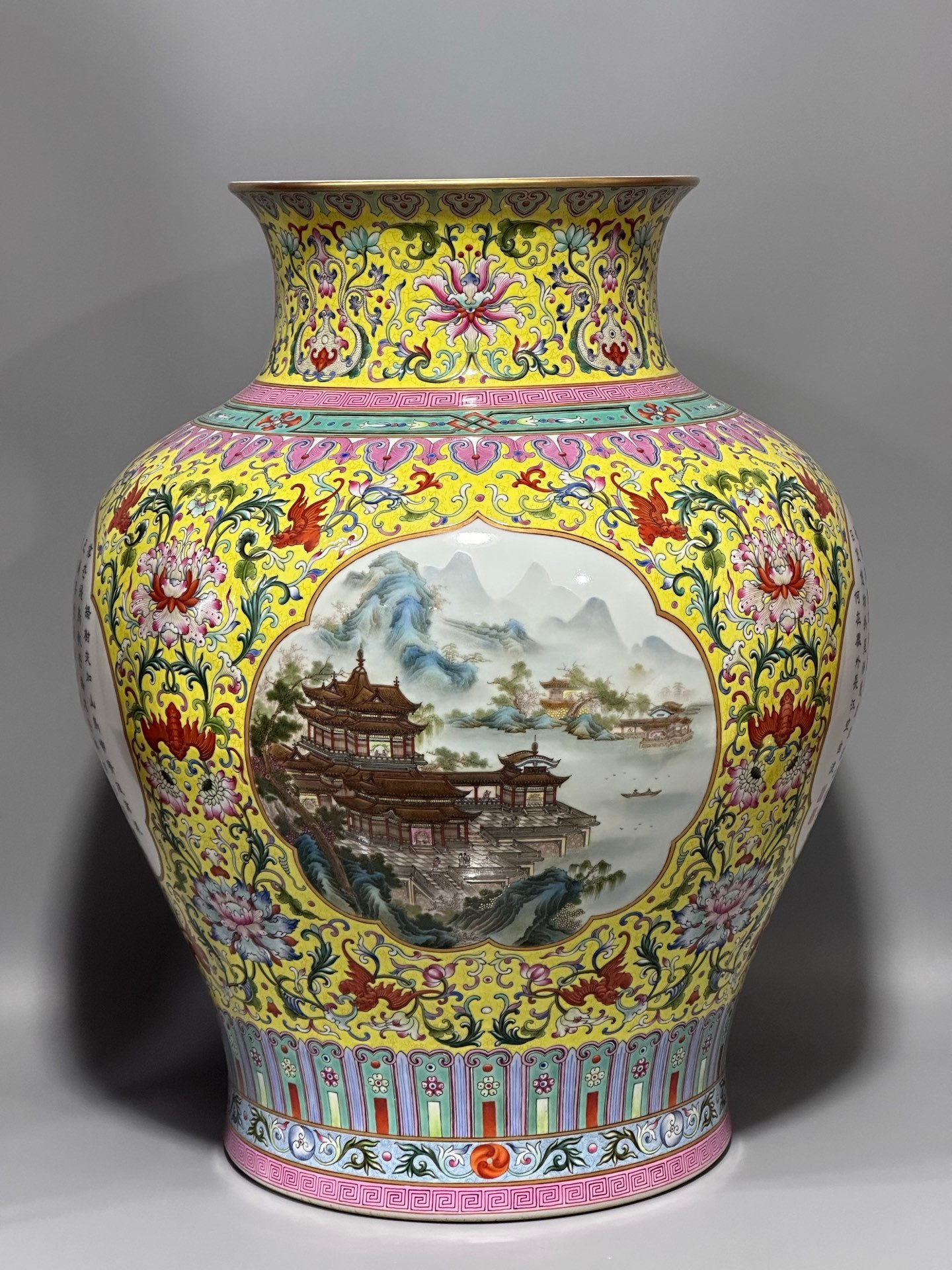 Qing Dynasty Qianlong an enamel vase with yellow ground window