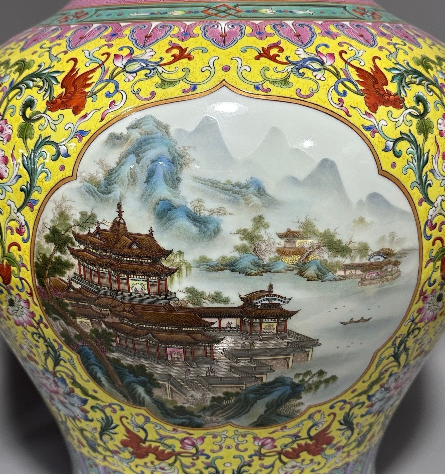 Qing Dynasty Qianlong an enamel vase with yellow ground window