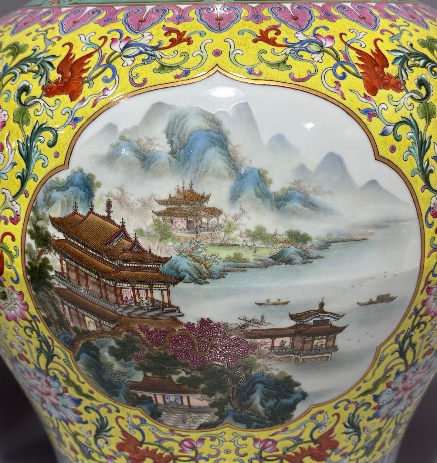 Qing Dynasty Qianlong an enamel vase with yellow ground window