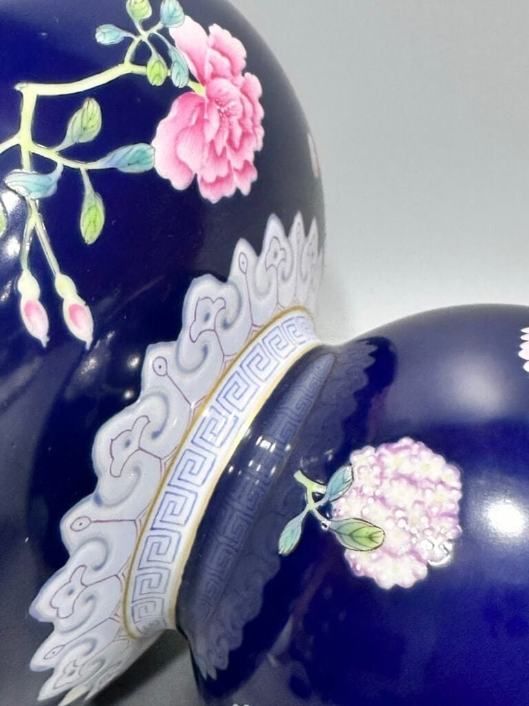 Qing Dynasty Qianlong blue-glazed pastel floral gourd vase