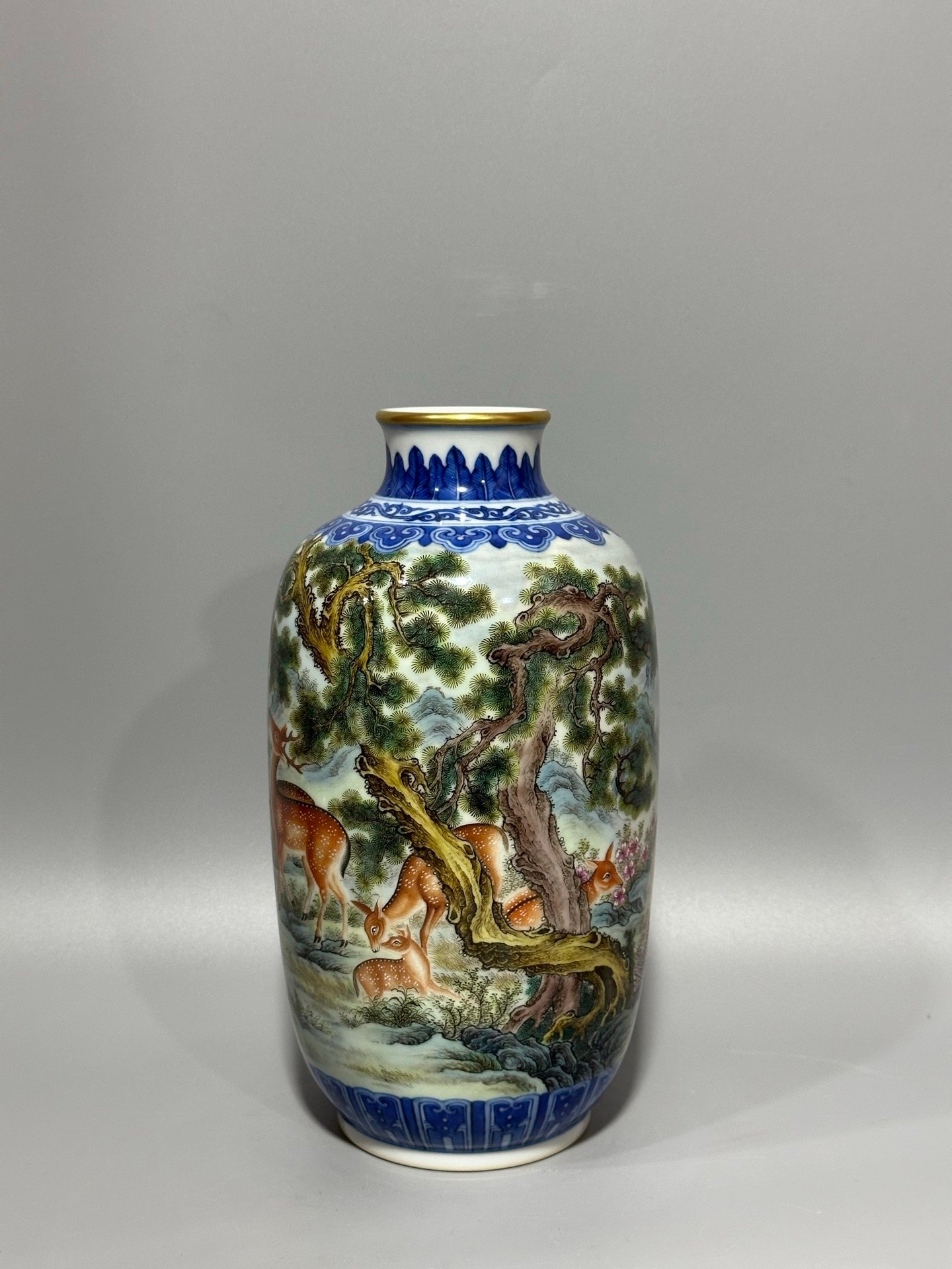 Qing Dynasty Qianlong blue and white lotus enamel sika deer lantern vase