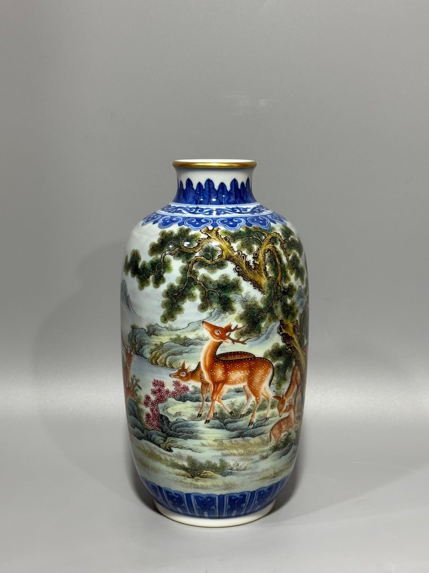 Qing Dynasty Qianlong blue and white lotus enamel sika deer lantern vase
