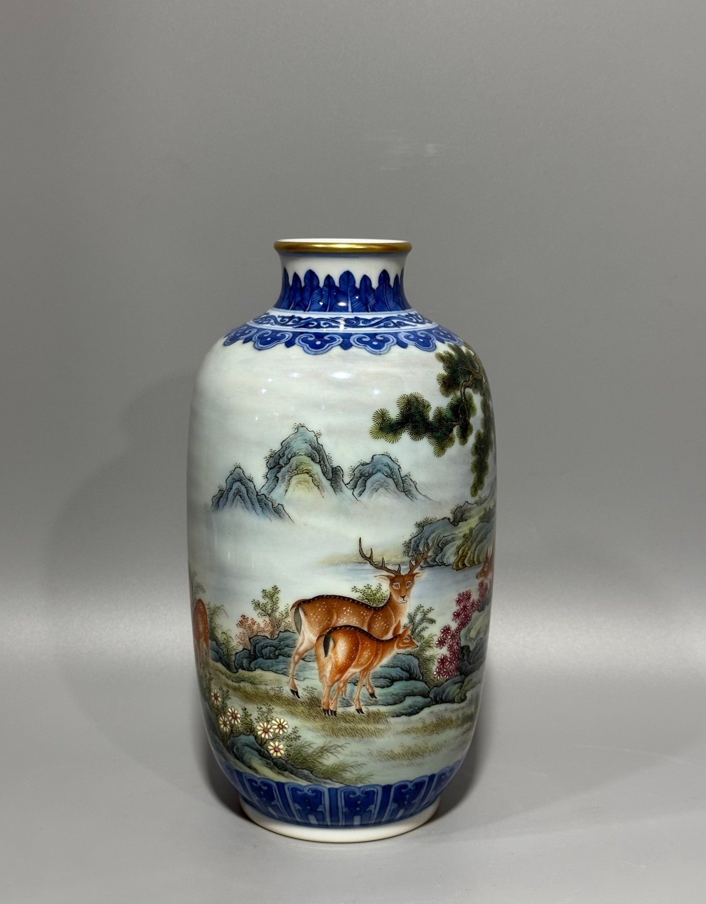 Qing Dynasty Qianlong blue and white lotus enamel sika deer lantern vase