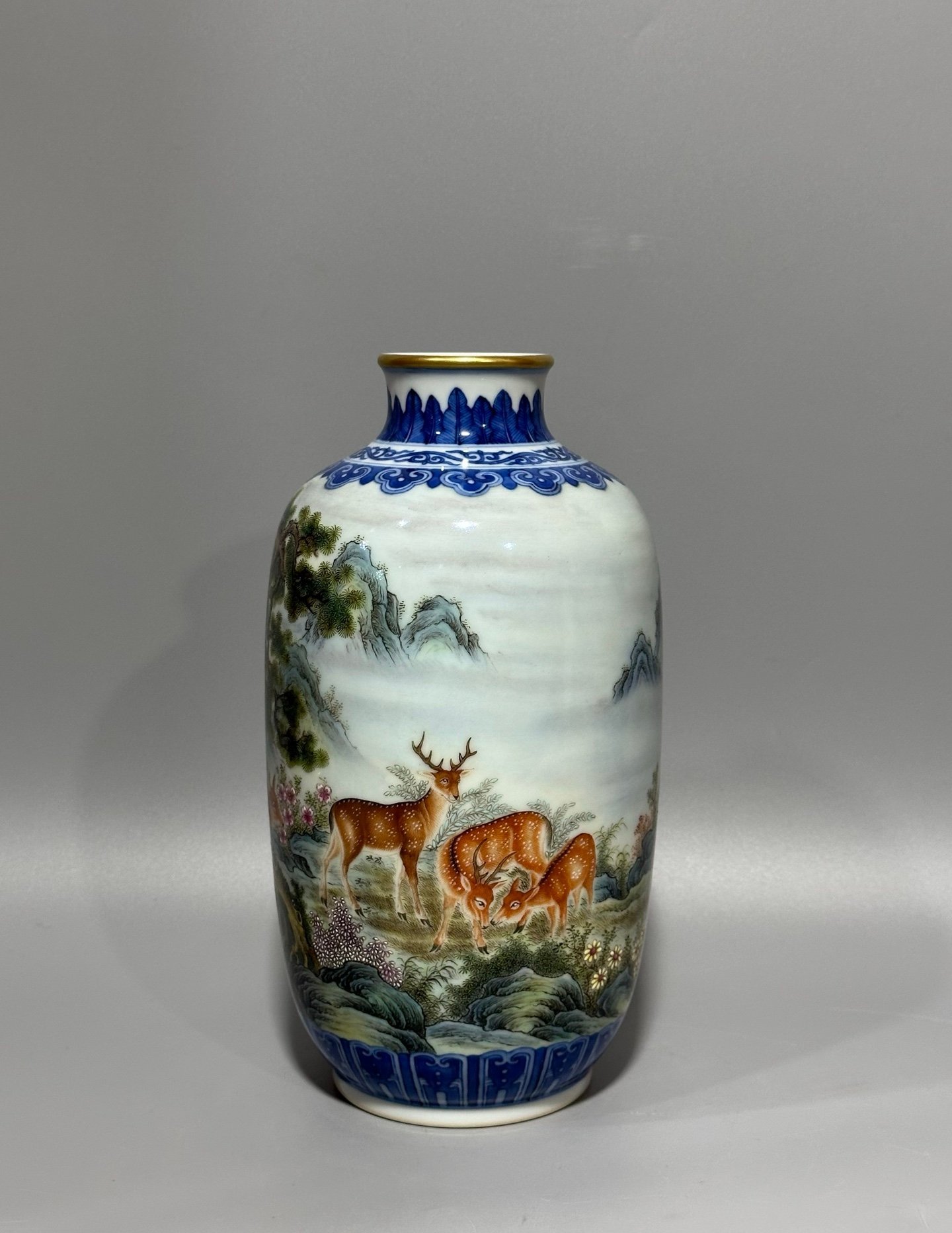 Qing Dynasty Qianlong blue and white lotus enamel sika deer lantern vase