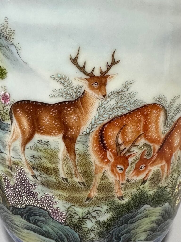 Qing Dynasty Qianlong blue and white lotus enamel sika deer lantern vase