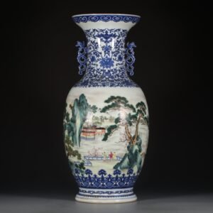 Qing Dynasty Qianlong Blue and white pastel landscape and figure amphora