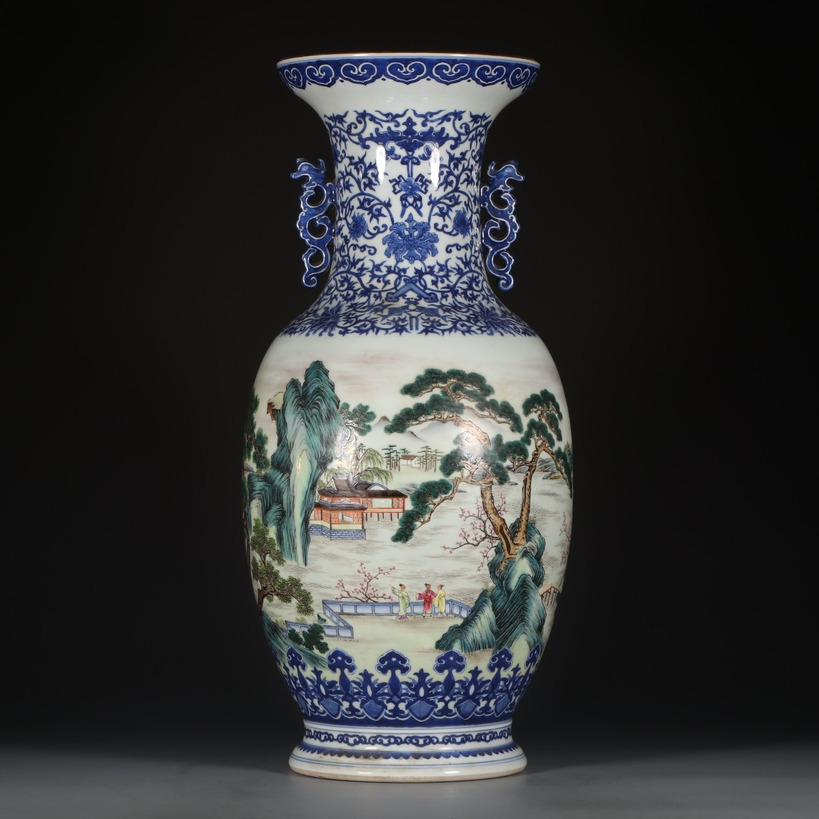 Qing Dynasty Qianlong Blue and white pastel landscape and figure amphora