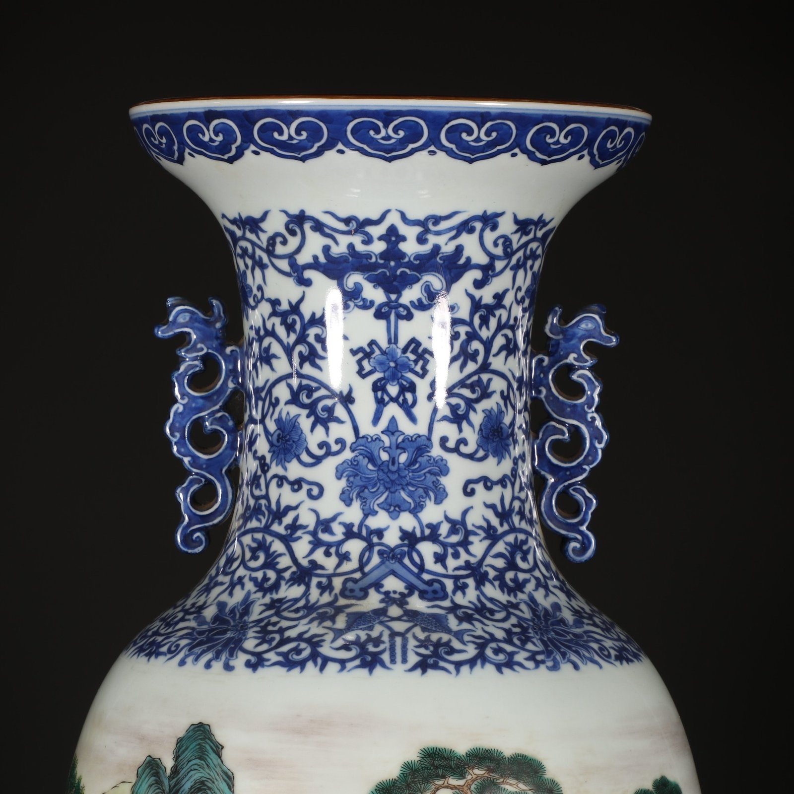 Qing Dynasty Qianlong Blue and white pastel landscape and figure amphora