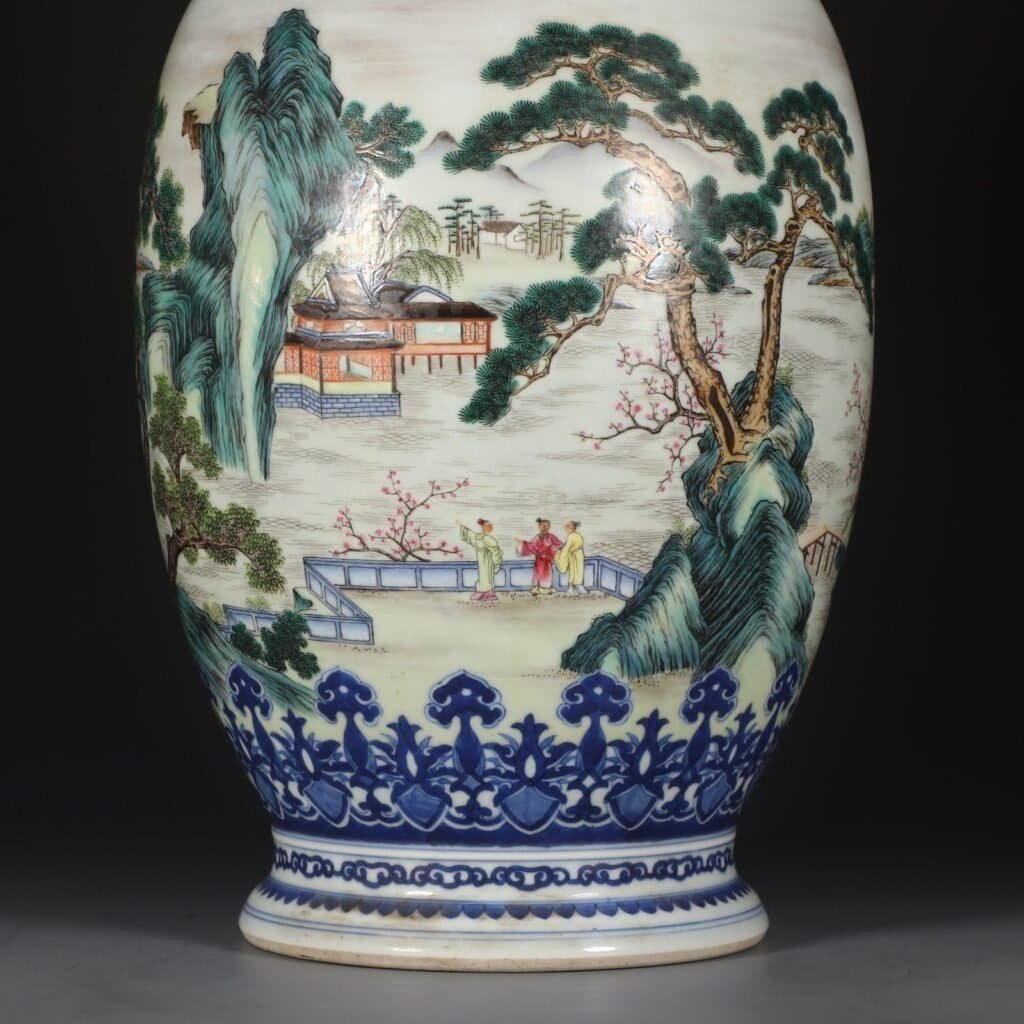 Qing Dynasty Qianlong Blue and white pastel landscape and figure amphora
