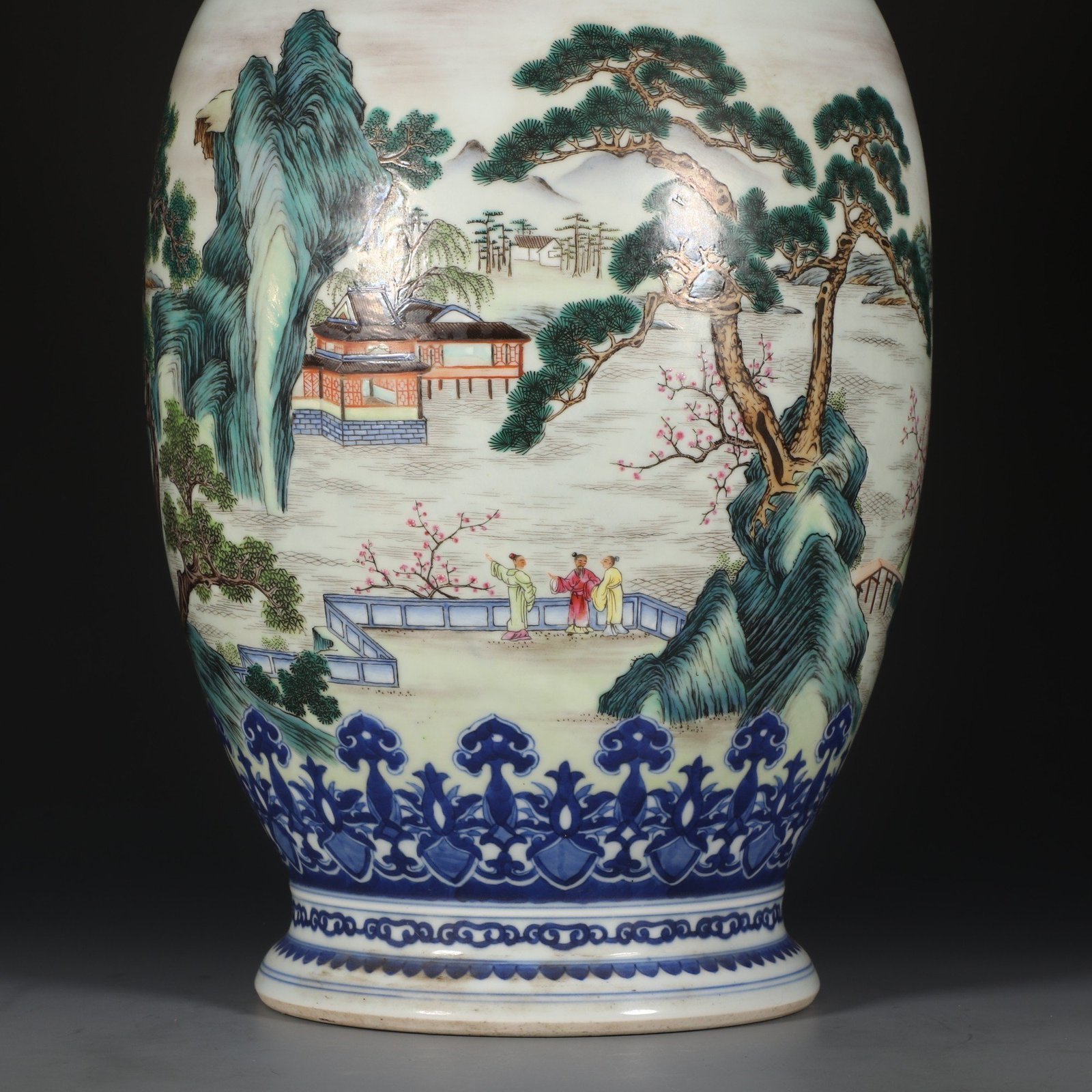 Qing Dynasty Qianlong Blue and white pastel landscape and figure amphora