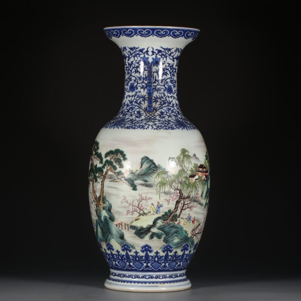 Qing Dynasty Qianlong Blue and white pastel landscape and figure amphora
