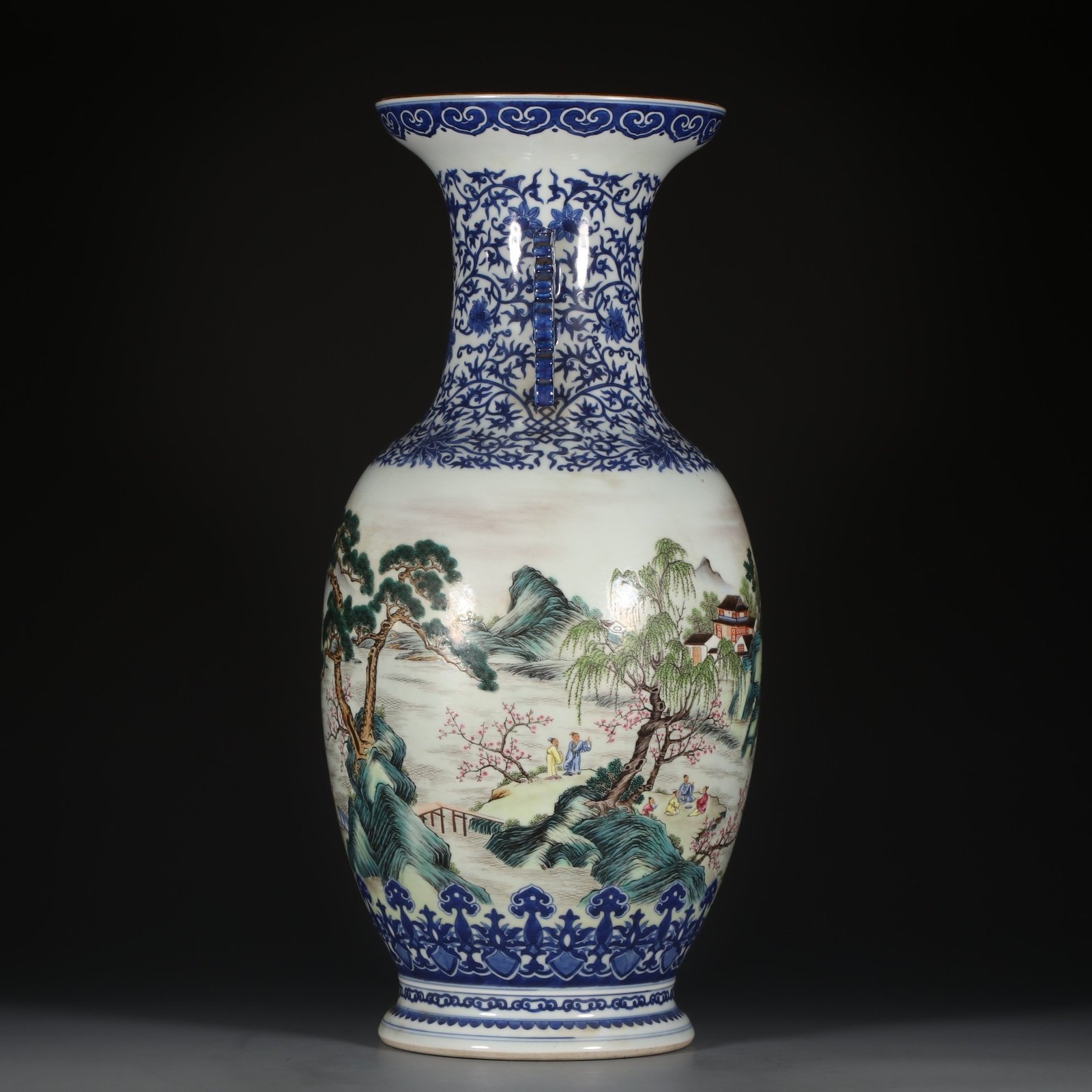 Qing Dynasty Qianlong Blue and white pastel landscape and figure amphora