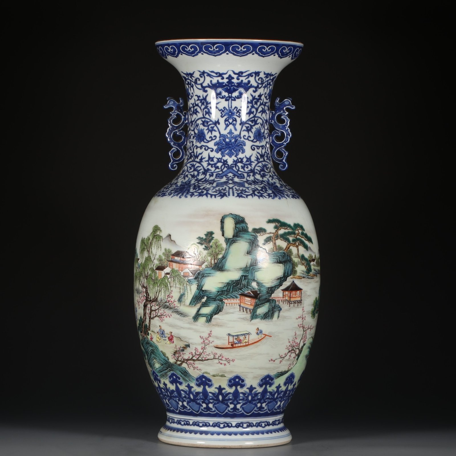 Qing Dynasty Qianlong Blue and white pastel landscape and figure amphora