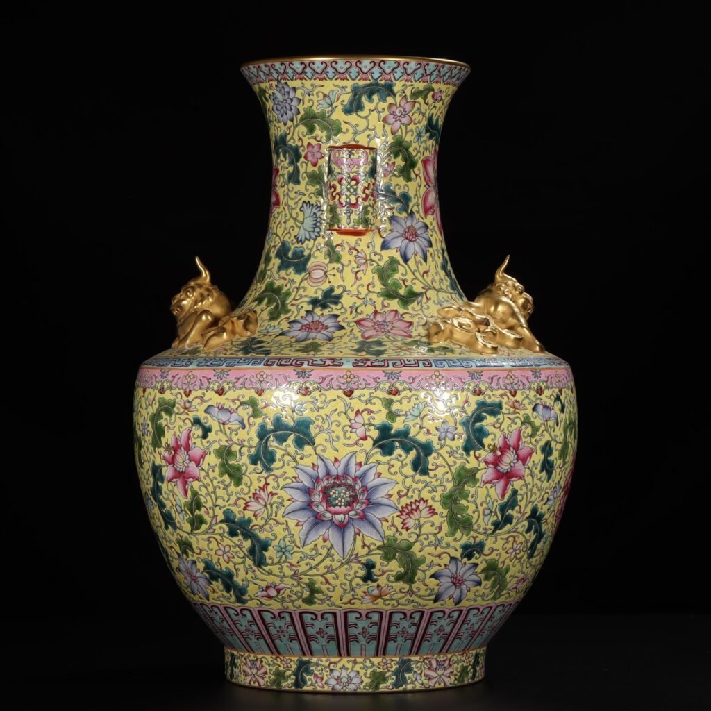 Qing Dynasty Qianlong pastel painted gold-wrapped lotus flower and amphora