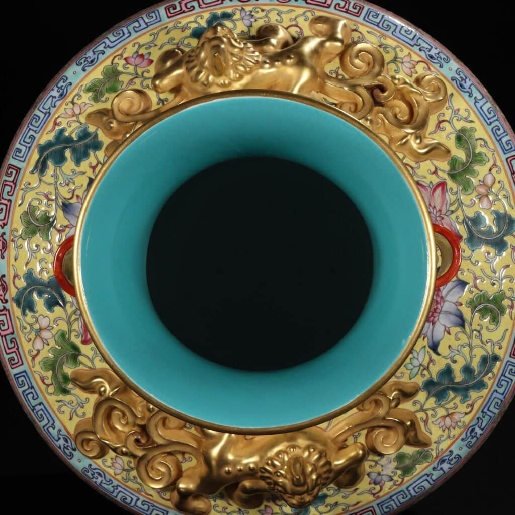 Qing Dynasty Qianlong pastel painted gold-wrapped lotus flower and amphora