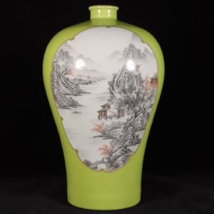Qing Dynasty Yongzheng apple green bottom window ink color landscape plum vase
