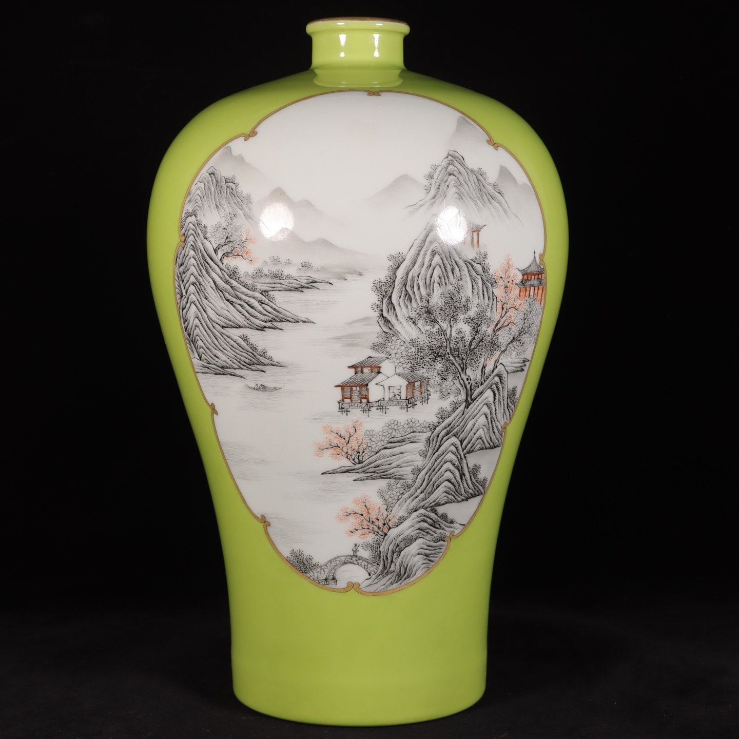 Qing Dynasty Yongzheng apple green bottom window ink color landscape plum vase