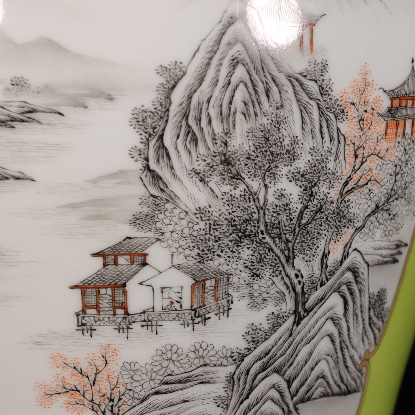 Qing Dynasty Yongzheng apple green bottom window ink color landscape plum vase