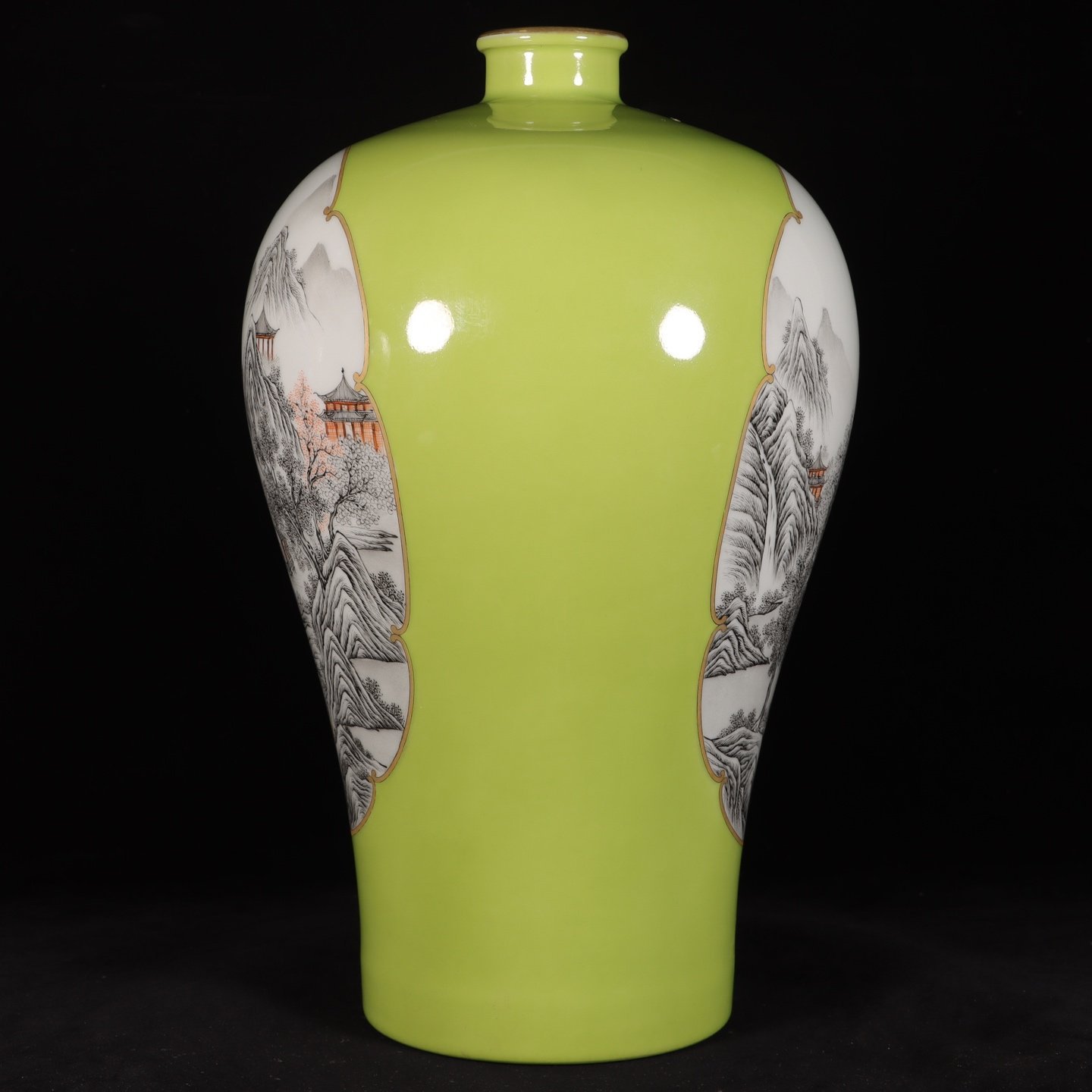 Qing Dynasty Yongzheng apple green bottom window ink color landscape plum vase