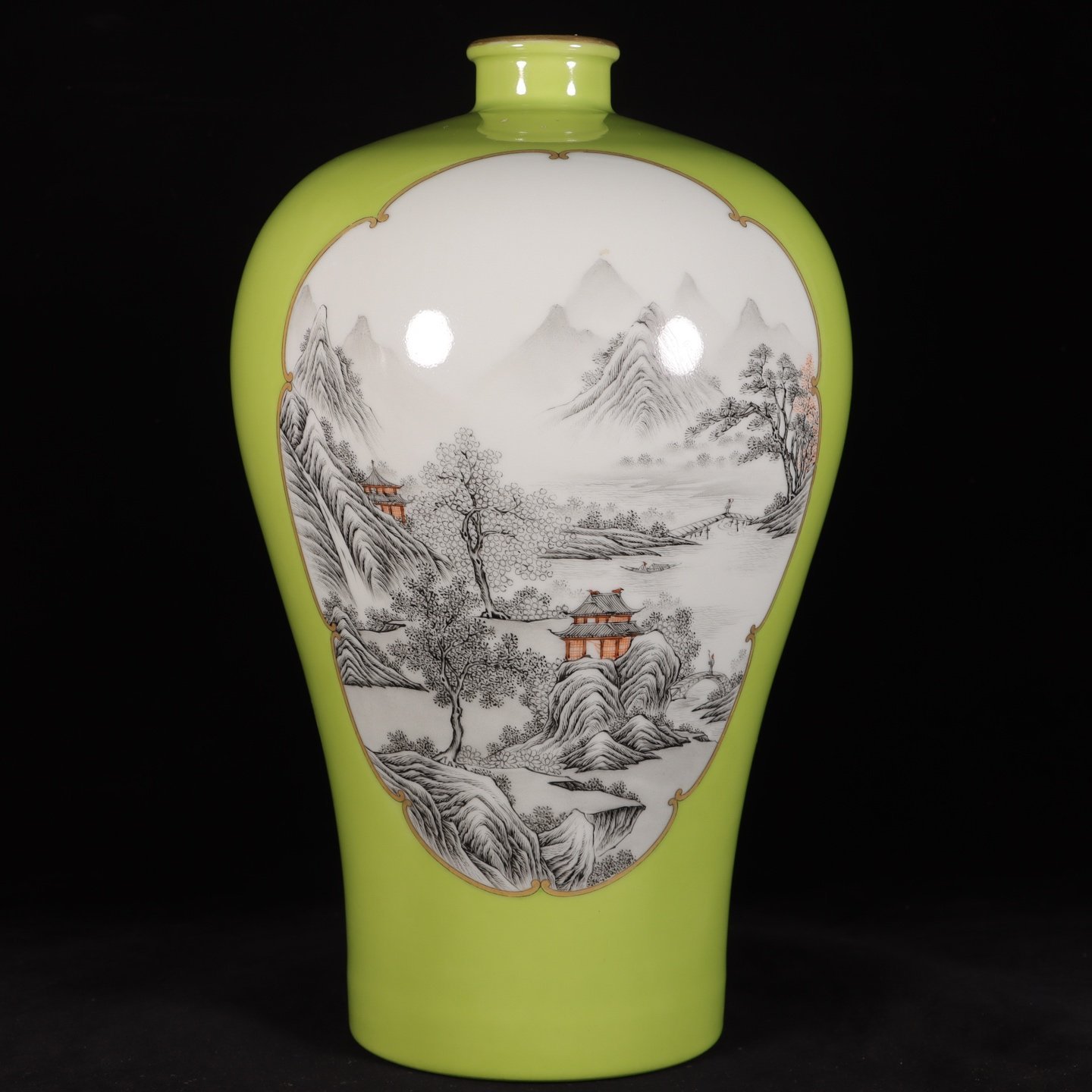 Qing Dynasty Yongzheng apple green bottom window ink color landscape plum vase