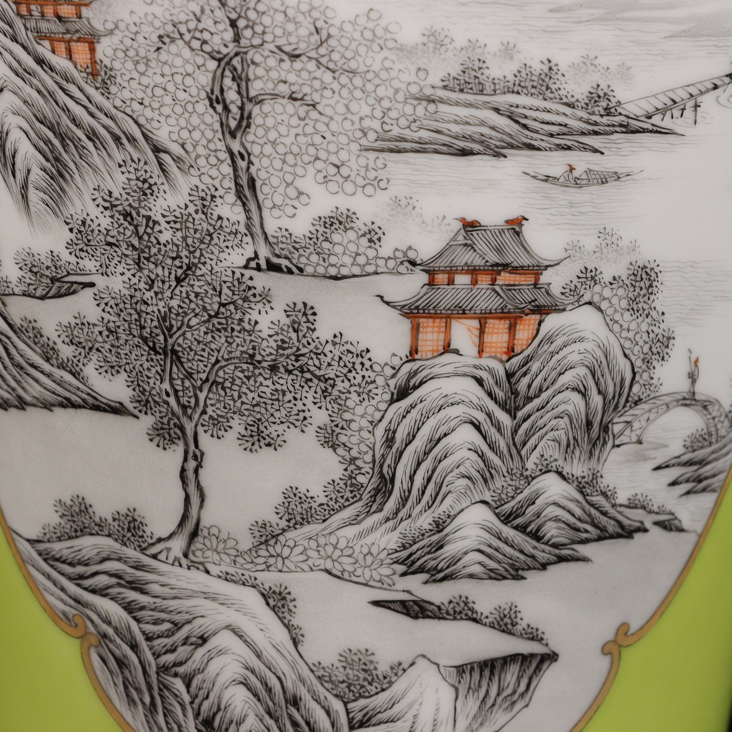Qing Dynasty Yongzheng apple green bottom window ink color landscape plum vase