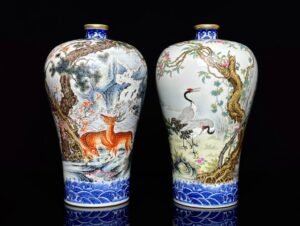Qing Dynasty Yongzheng blue and white with gold rim deer and crane in spring plum vase