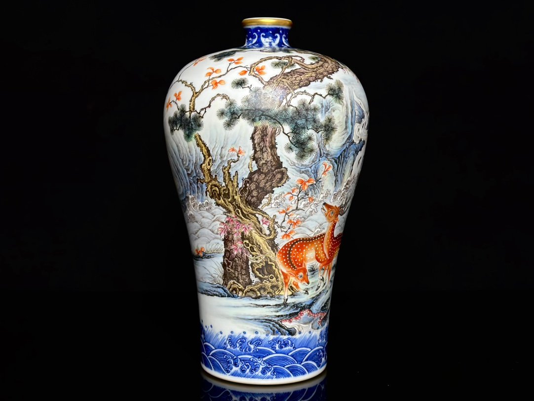 Qing Dynasty Yongzheng blue and white with gold rim deer and crane in spring plum vase