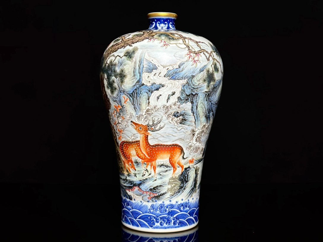 Qing Dynasty Yongzheng blue and white with gold rim deer and crane in spring plum vase