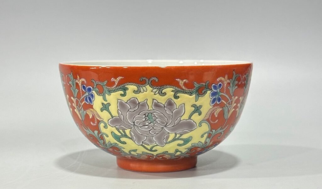 Qing Dynasty Yongzheng Yangcai coral red consecrated peony bowl