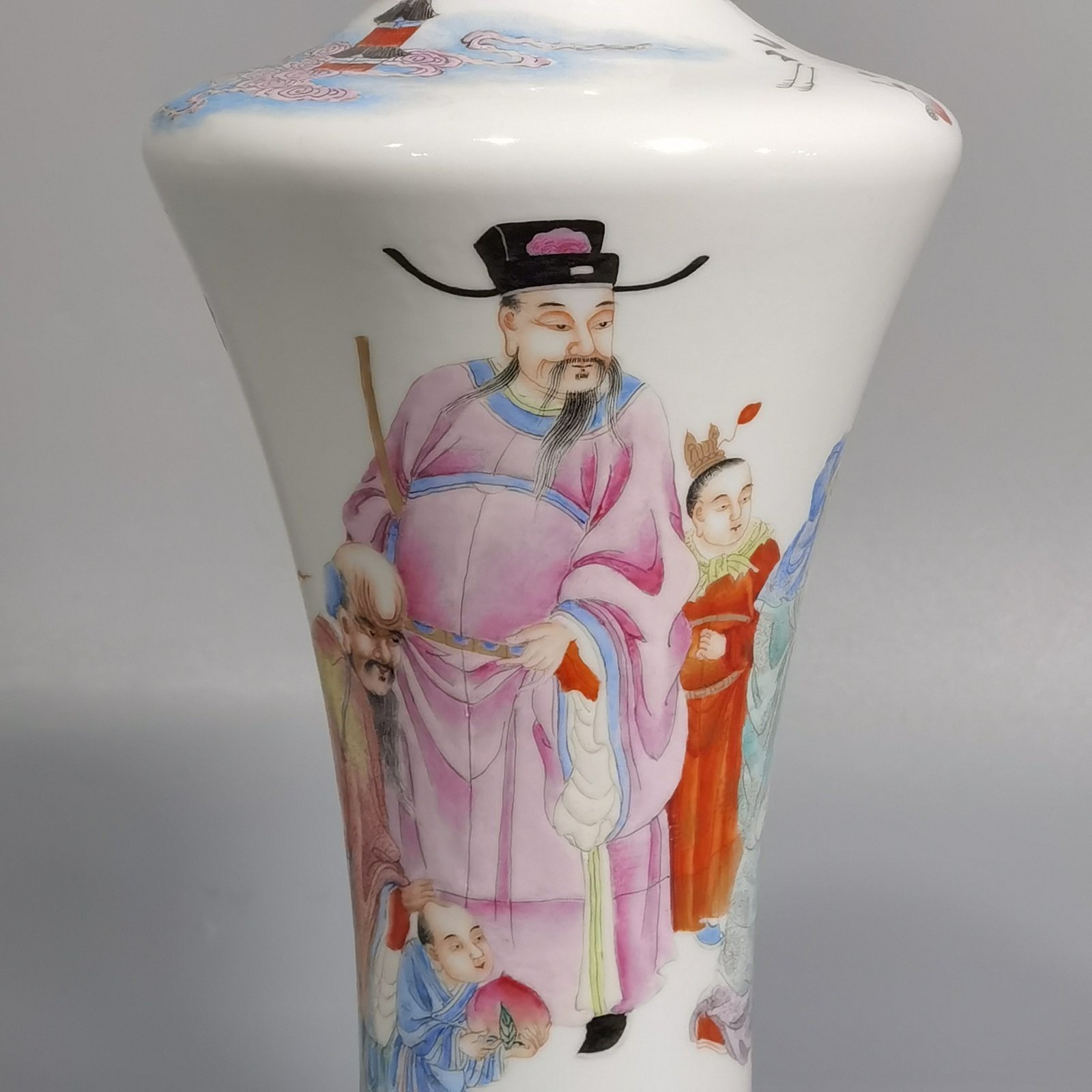 Qing Dynasty Hongxian year system Putai pastel Fu Lu Shou three stars with Kuixing vase