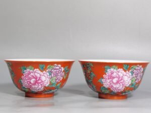 Qing Dynasty Kangxi pair of coral-red peony flower bowls