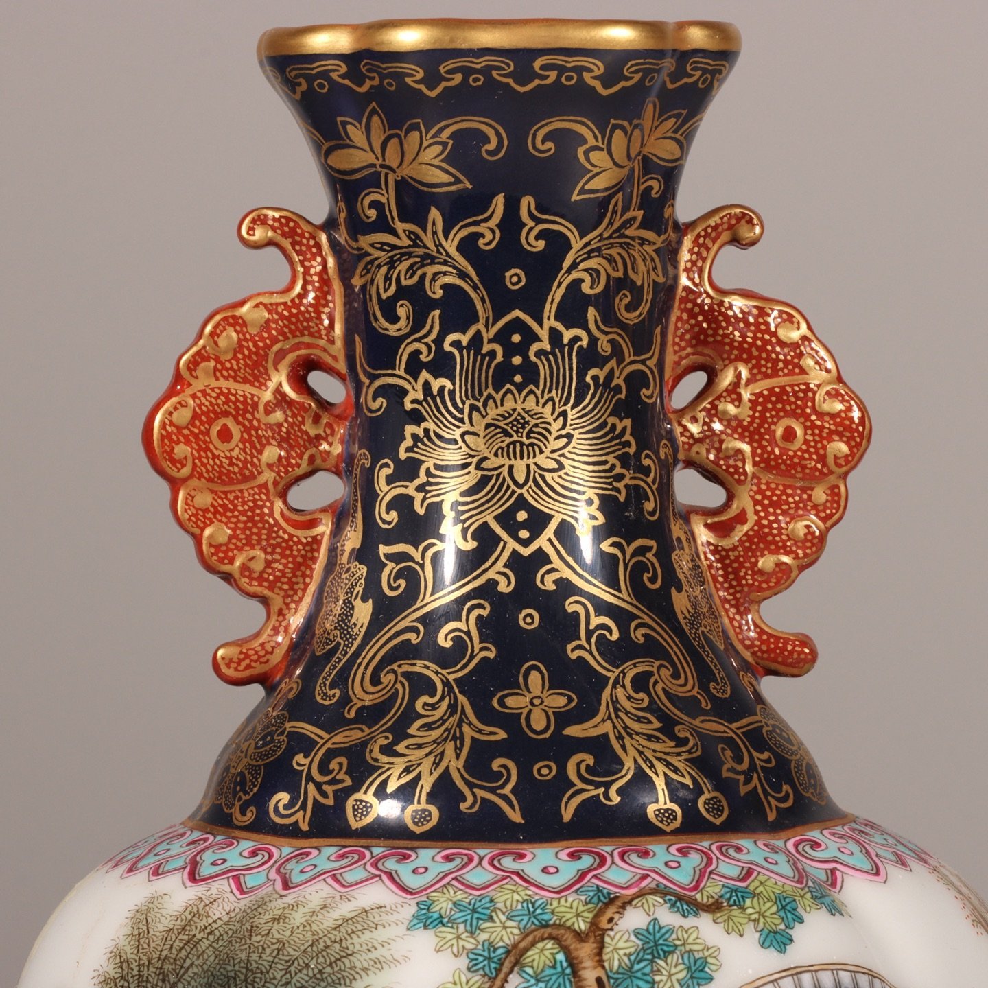 Qing Dynasty Qianlong enamel blue and gilt Tongjing Baizi Spring Amphora