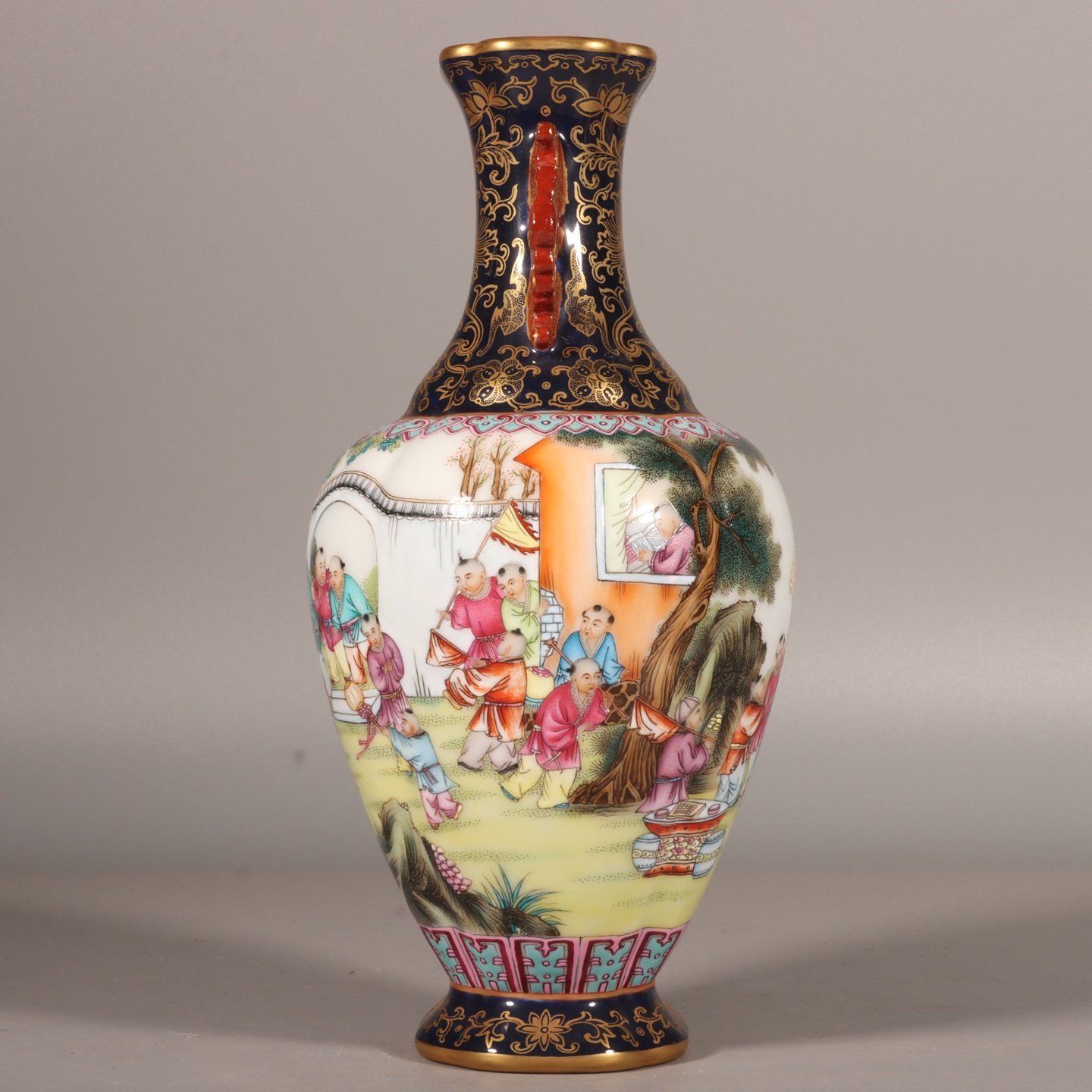 Qing Dynasty Qianlong enamel blue and gilt Tongjing Baizi Spring Amphora