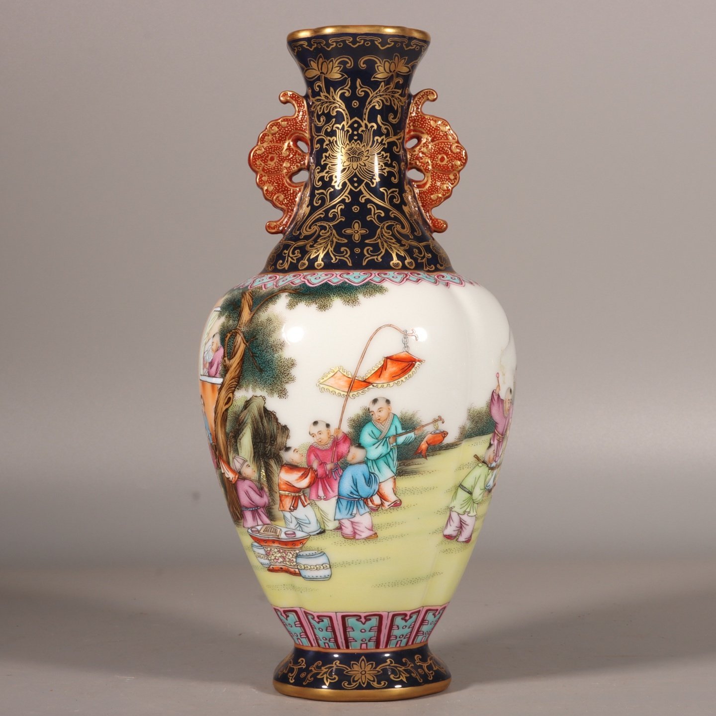 Qing Dynasty Qianlong enamel blue and gilt Tongjing Baizi Spring Amphora