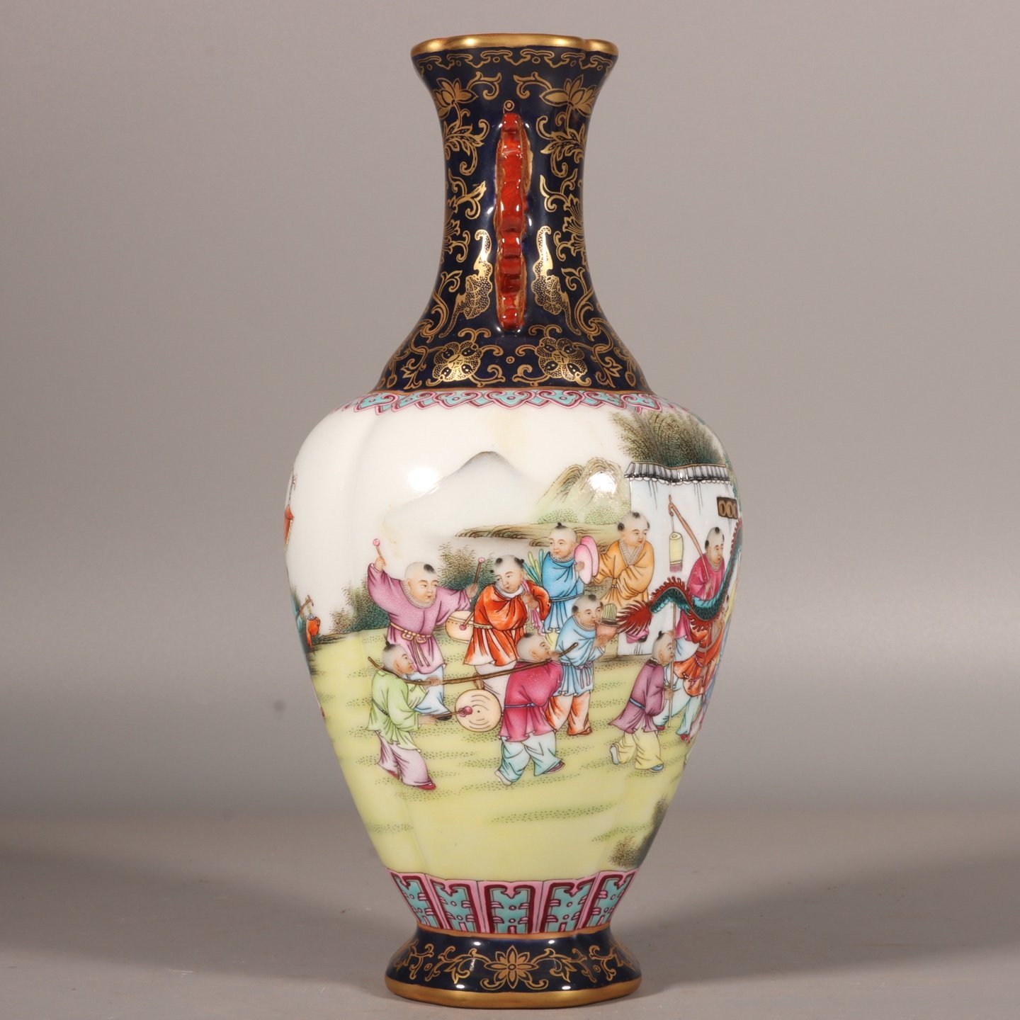 Qing Dynasty Qianlong enamel blue and gilt Tongjing Baizi Spring Amphora