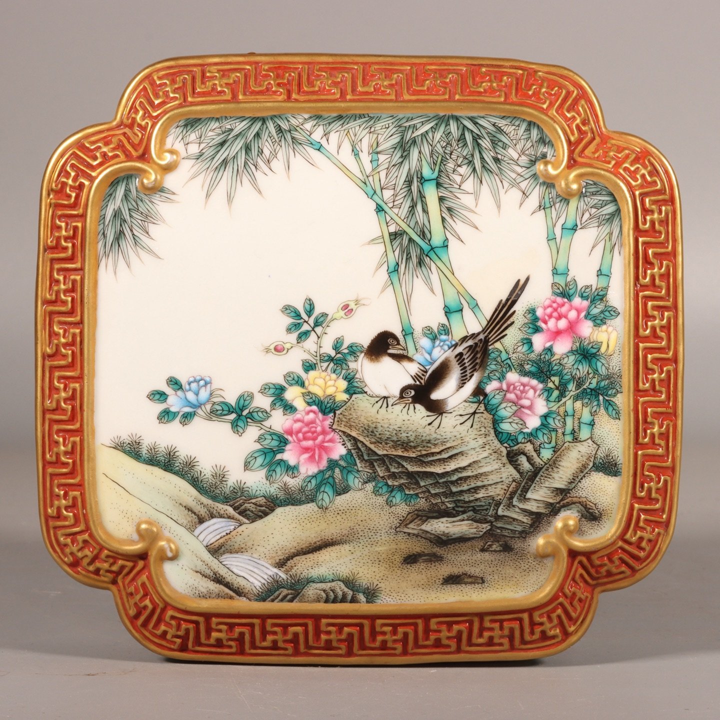 Qing Dynasty Qianlong enamel green ground and gold-painted square box with flowers