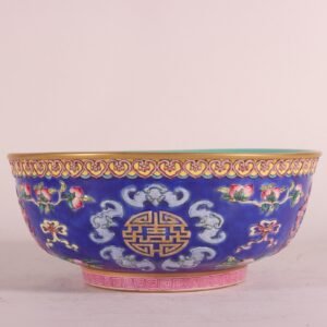 Qing Dynasty Qianlong enamel blue ground gold five blessings holding longevity bowl