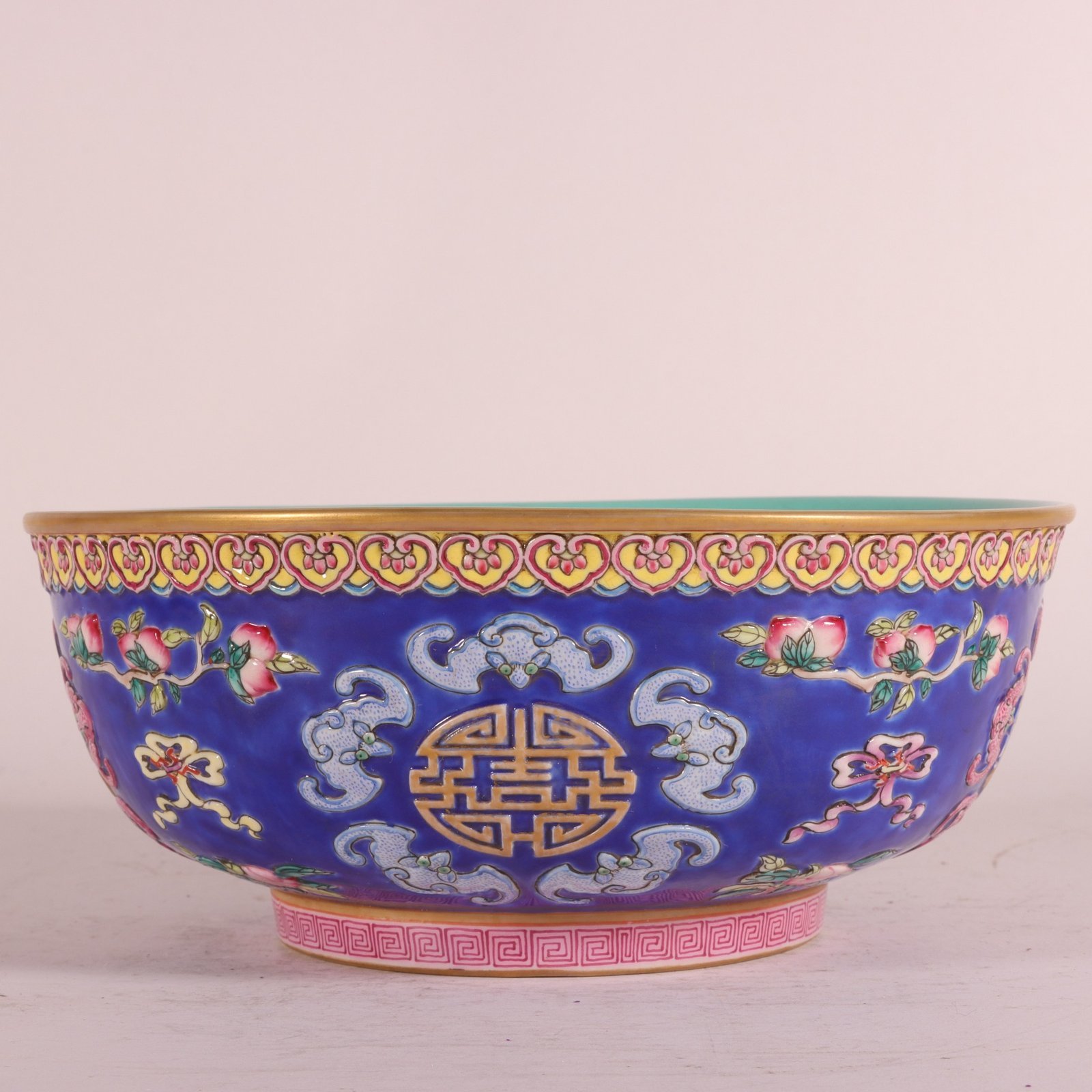 Qing Dynasty Qianlong enamel blue ground gold five blessings holding longevity bowl