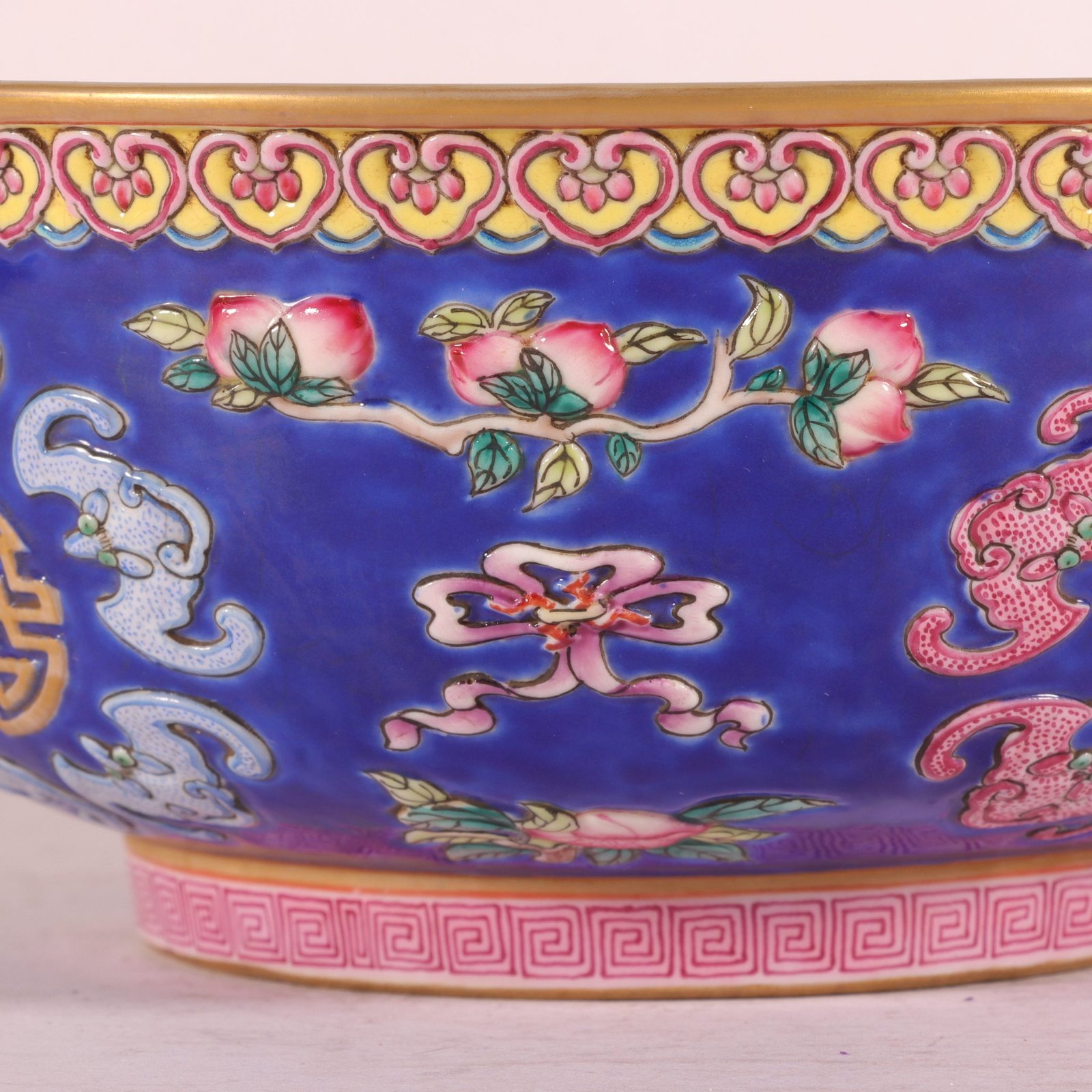 Qing Dynasty Qianlong enamel blue ground gold five blessings holding longevity bowl
