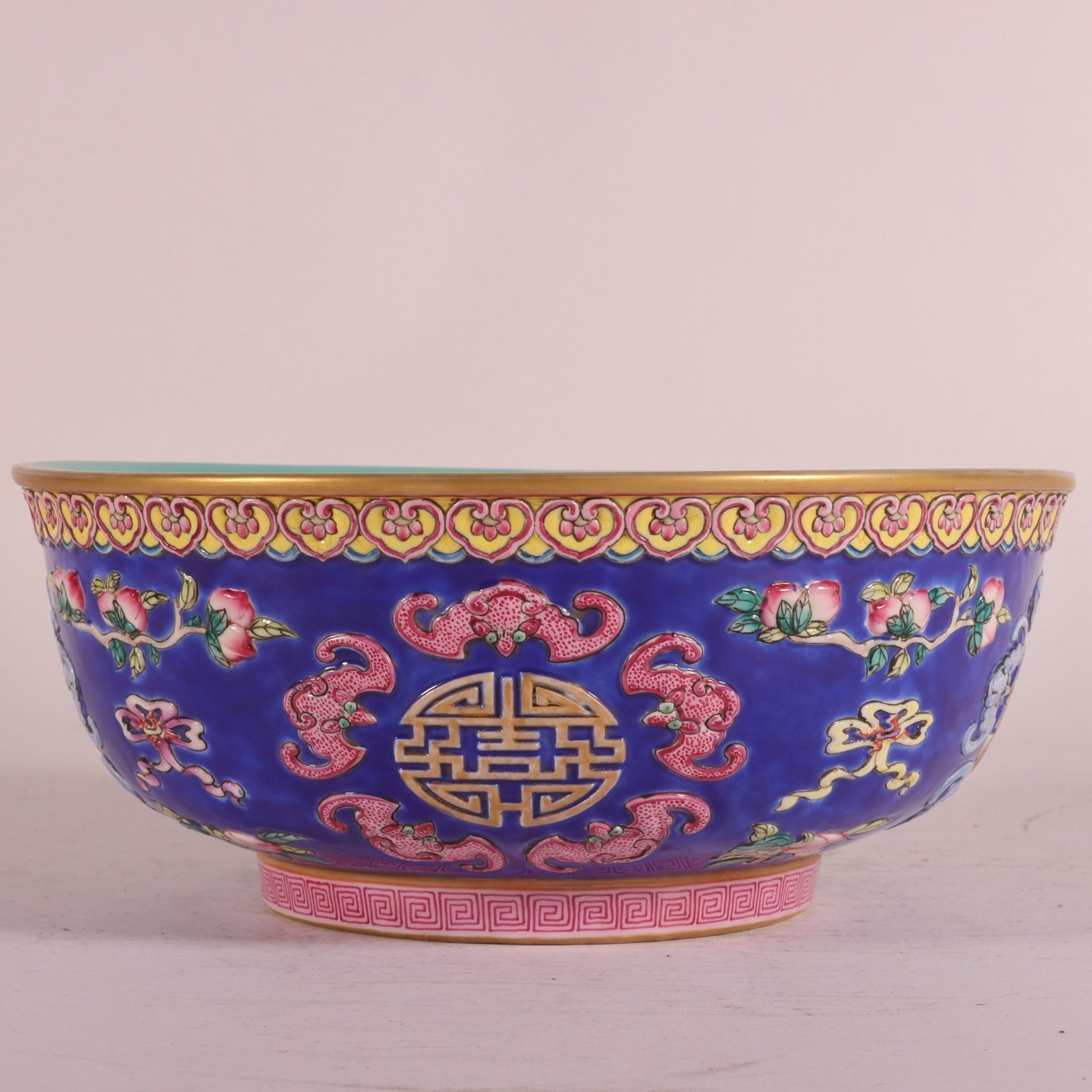Qing Dynasty Qianlong enamel blue ground gold five blessings holding longevity bowl