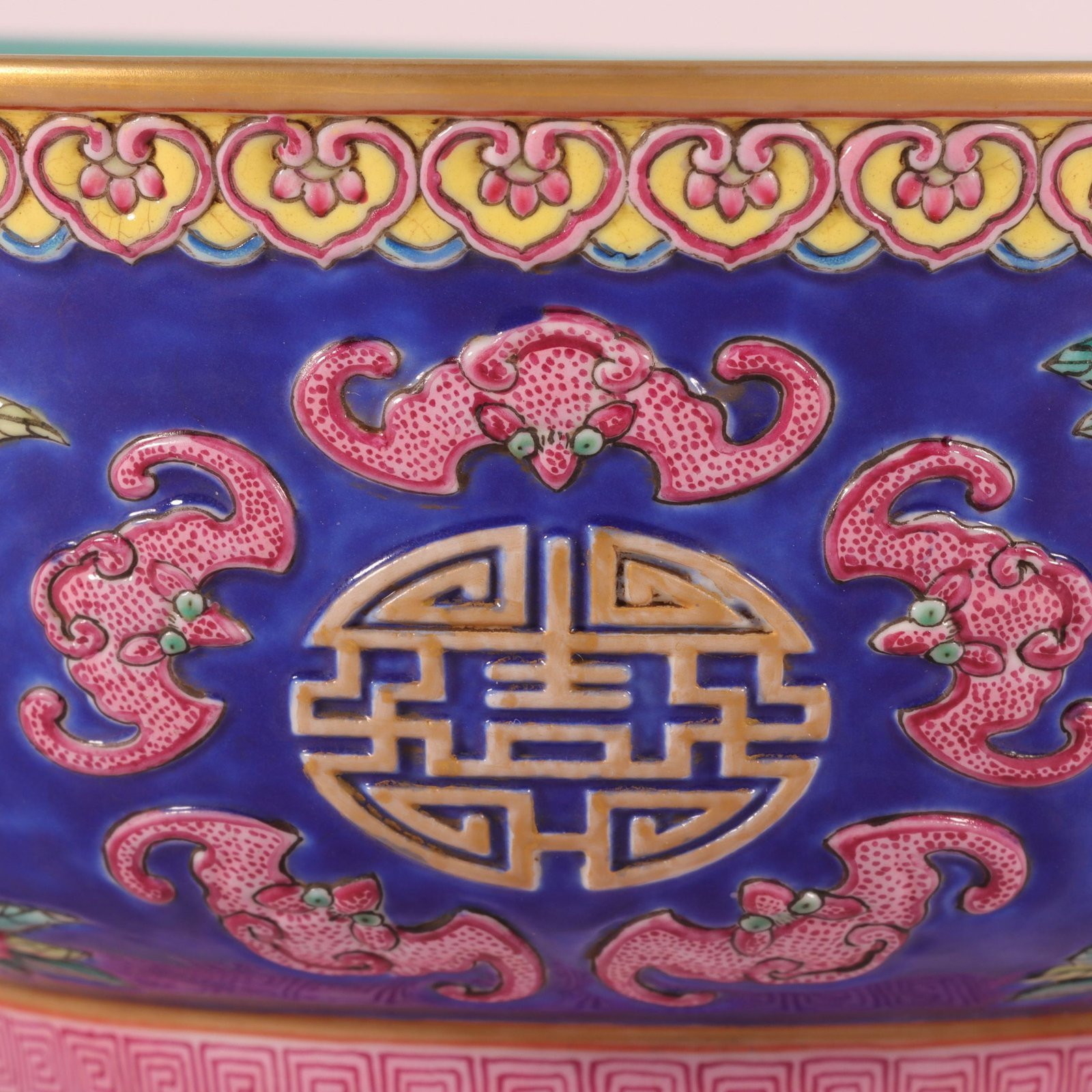 Qing Dynasty Qianlong enamel blue ground gold five blessings holding longevity bowl