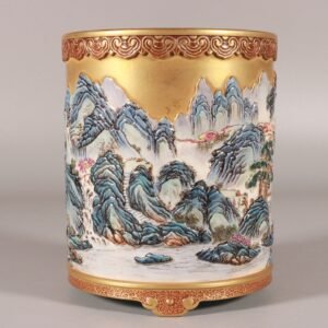 Qing Dynasty Qianlong enamel and gold-carved landscape pen holder