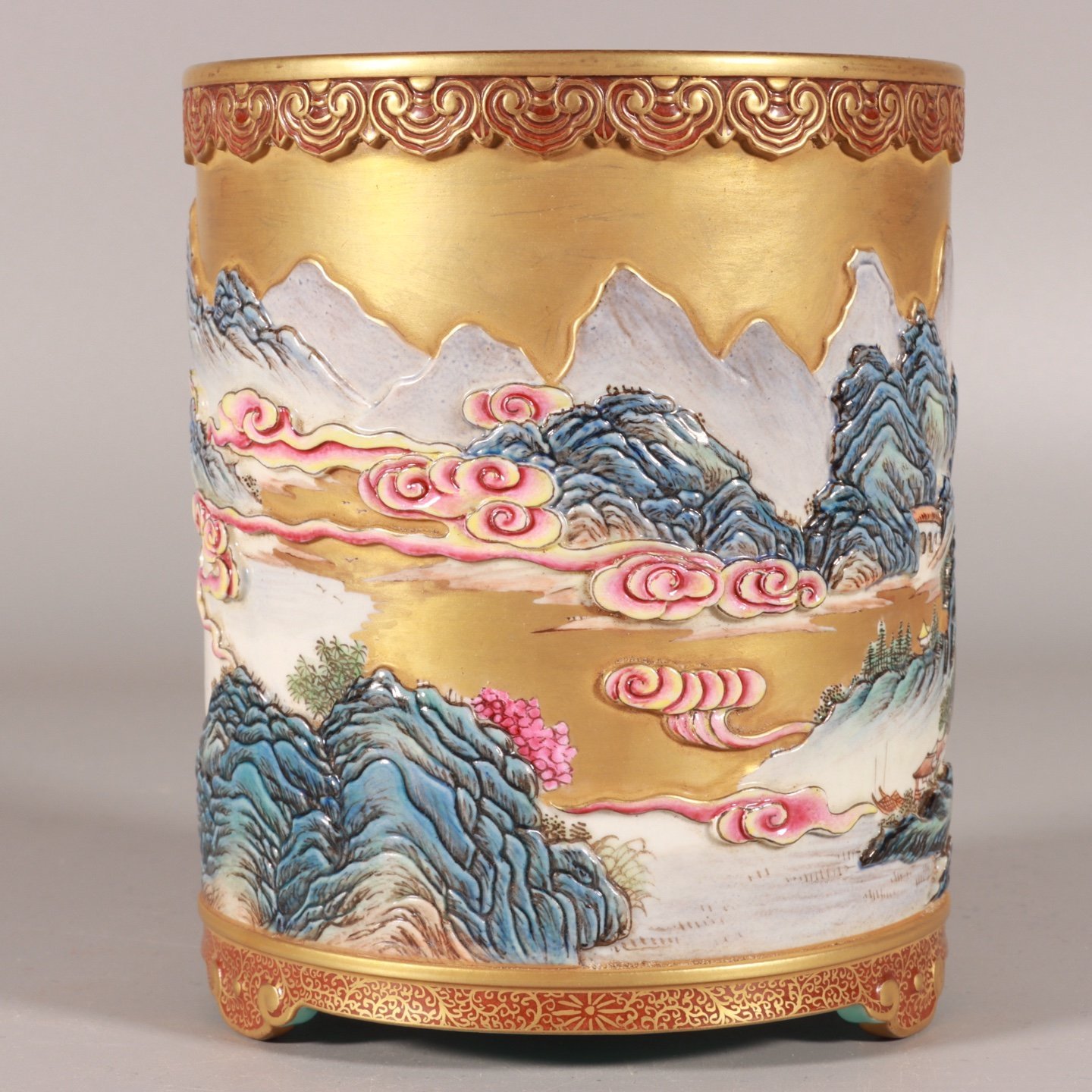 Qing Dynasty Qianlong enamel and gold-carved landscape pen holder