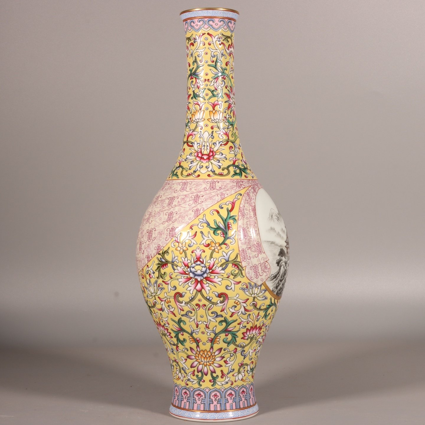 Qing Dynasty Qianlong enamel yellow ground lotus lotus window opening landscape vase